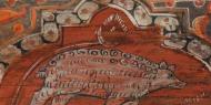 Un oso. Detalle de las pinturas del alfarje mudéjar del siglo XIV del claustro del monasterio románico de Santo Domingo de Silos, en la provincia de Burgos / ALC.